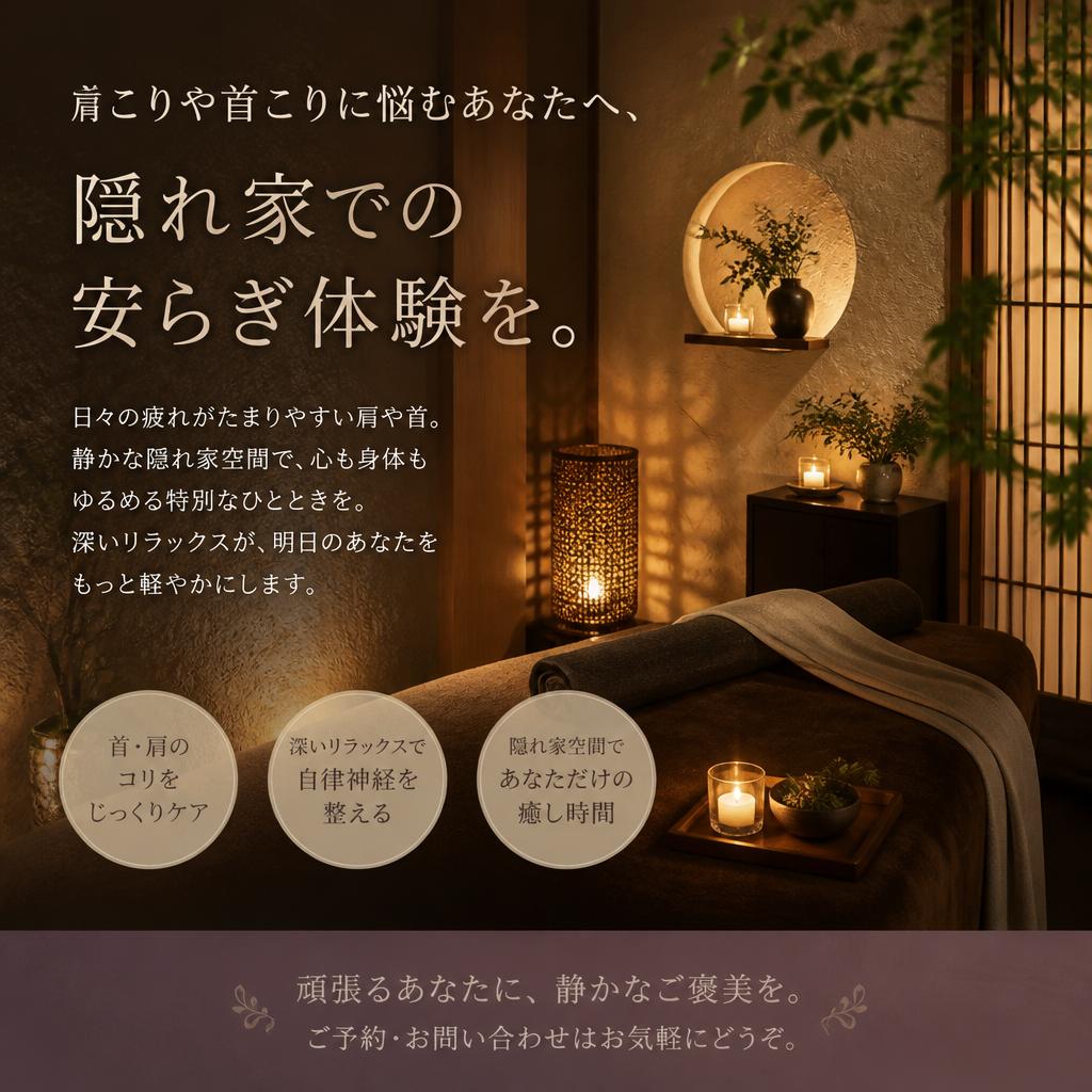 肩こりや首こりに悩むあなたへ、隠れ家での安らぎ体験を。